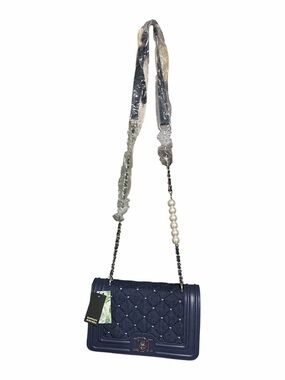 Badgley Mischka Denim Diamond Quilted Crossbody / Pearls on Strap NWT MSRP $159